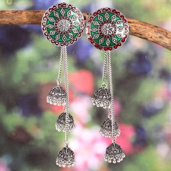 Bollywood Oxidized Silver Plated Handmade Meena Long Step by Step