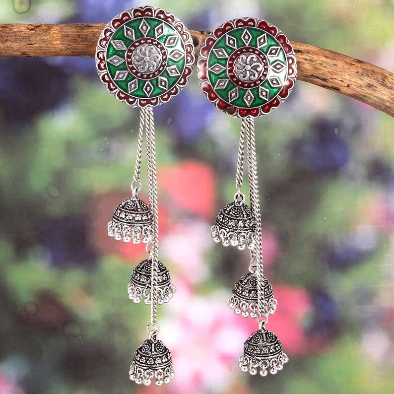 Crunchy Fashion Antique Silver Meena Work Jewelry Set – Bollywood Necklace & Earrings, Oxidised, Party Wear