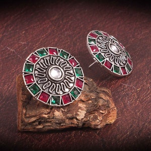 Oxidized Silver Plated Multicolor Stone Stud Earrings