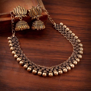 Oxidized Gold Plated Lotus Design Handmade Jewellery set/ Party wear Jewely set/ Oxidized choker necklace earrings jhumka jhumki women