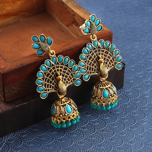 Oxidized Gold Plated Jhumka Earrings: Bollywood Peacock Design