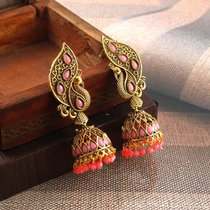 Indische Oxidierte Gold Party tragen Stein Ohrringe Peacock Design Rosa Perlen Jhumka Jhumki Ohrringe Schmuck Frauen