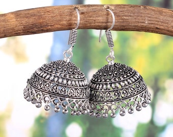 Geoxideerd verzilverd handgemaakte haak drop grote Jhumka Jhumki oorbellen sieraden voor vrouwen