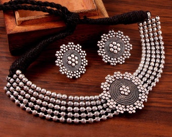 Oxidized Silver Plated handmade Party wear Adjustable Thread Choker Necklace Jewelry women/ Indian Traditional Jewelry/ Best Gift