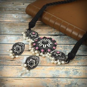 Oxidized Silver Plated Jewelry Set: Bollywood Choker Necklace, Earrings
