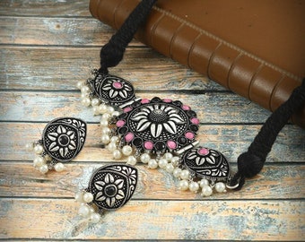 Oxidized Silver Plated Jewelry Set: Bollywood Choker Necklace, Earrings