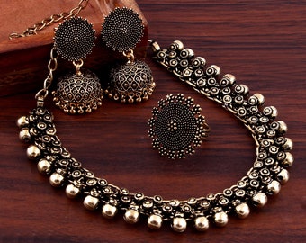 Oxidized Gold Plated Handmade Jewellery set/ Party wear Jewely set/ Oxidized choker necklace earrings jhumka jhumki & Ring for women
