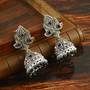 Oxidized Silver Plated Jhumka Earrings: Black Beaded Jewelry