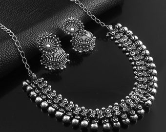 Oxidized Silver Plated Handmade Designer Jewellery set/ Party wear Jewelry set/ Oxidized choker necklace earrings jhumka jhumki earrings