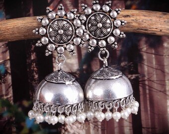 Oxidized Silver Plated Jhumka Earrings: Sunflower Design Indian Jewelry