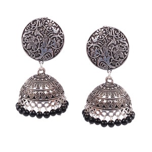 Oxidiertes Silber überzogene handgemachte leichte schwarze große Jhumka Jhumki indische traditionelle ethnische Ohrringe für Frauen bestes Geschenk