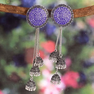 Bollywood oxidierte versilberte handgemachte Meena große Jhumka Jhumki Schritt für Schritt Ohrringe Schmuck für Frauen beste Party tragen Schmuck