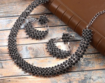 Oxidized Silver Choker Necklace Earring Set: black Stone Party Jewelry