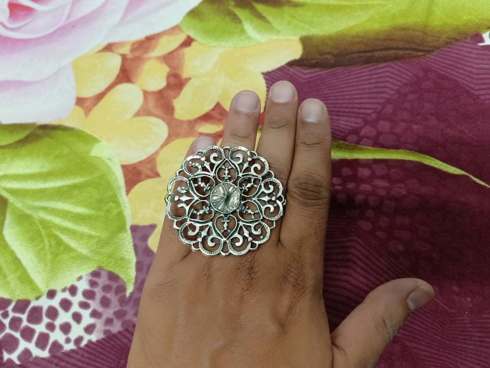 Amazon.com: Jumwrit Rhinestone Big Round Ring Open Wrap Ring Vintage Ring  with Flower Engraved Statement Ring Adjustable Finger Ring Indian Ring for  Women and Girls（Gold） : Clothing, Shoes & Jewelry