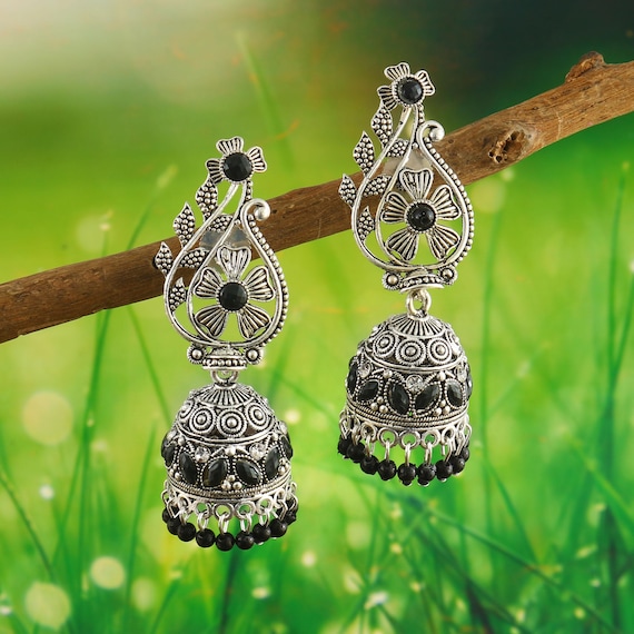 Buy Oxidized Silver Plated Jhumka Earrings: Black Beaded Flower