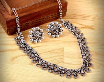 Bollywood Oxidised Silver Plated  Jewellery set/ Party wear Jewelry set/ Oxidized choker necklace with statement studs earrings