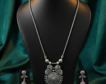 Oxidized Silver Peacock Pendant Necklace Set with Jhumka Earrings | Indian Boho Tribal Jewelry