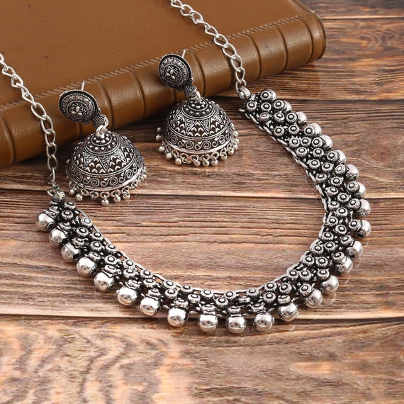 Oxidized Silver Beaded Tassel Work Traditional Choker Necklace and Earring  Set for Women and Girls