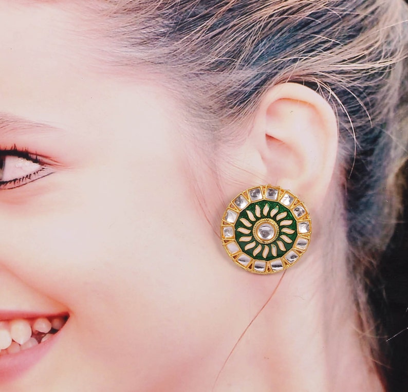 Oxidized Gold Plated Handmade Meenakari Round Kundan Studs Earraings Jewelry for women #GSGREEN
