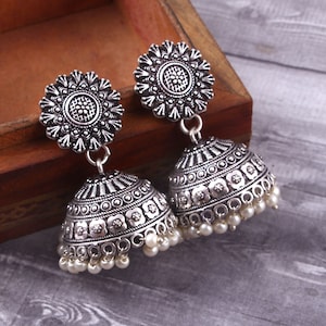 Bollywood Oxidized Silver Plated  Light Weight Pearl drop big Jhumka Jhumki Earrings Jewelry women