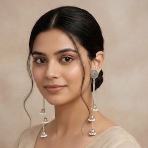 Oxidized Silver Plated Kashmiri Jhumka Earrings: 36cm Long Jewelry