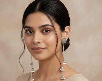 Oxidized Silver Plated Kashmiri Jhumka Earrings: 36cm Long Jewelry