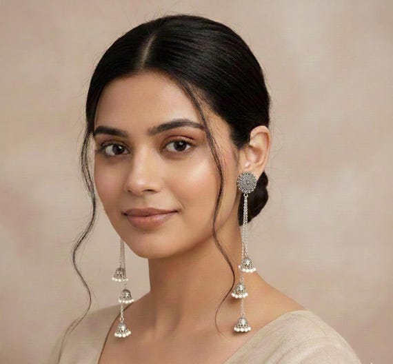 Oxidized Silver Plated Kashmiri Jhumka Earrings: 36cm Long Jewelry