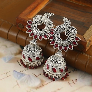 Oxidiertes Silber überzogener Jhumka Jhumki ethnischer Ohrringe Schmuck für Frauen und Mädchen-bestes Geschenk überhaupt für ihren Kastanienbraun