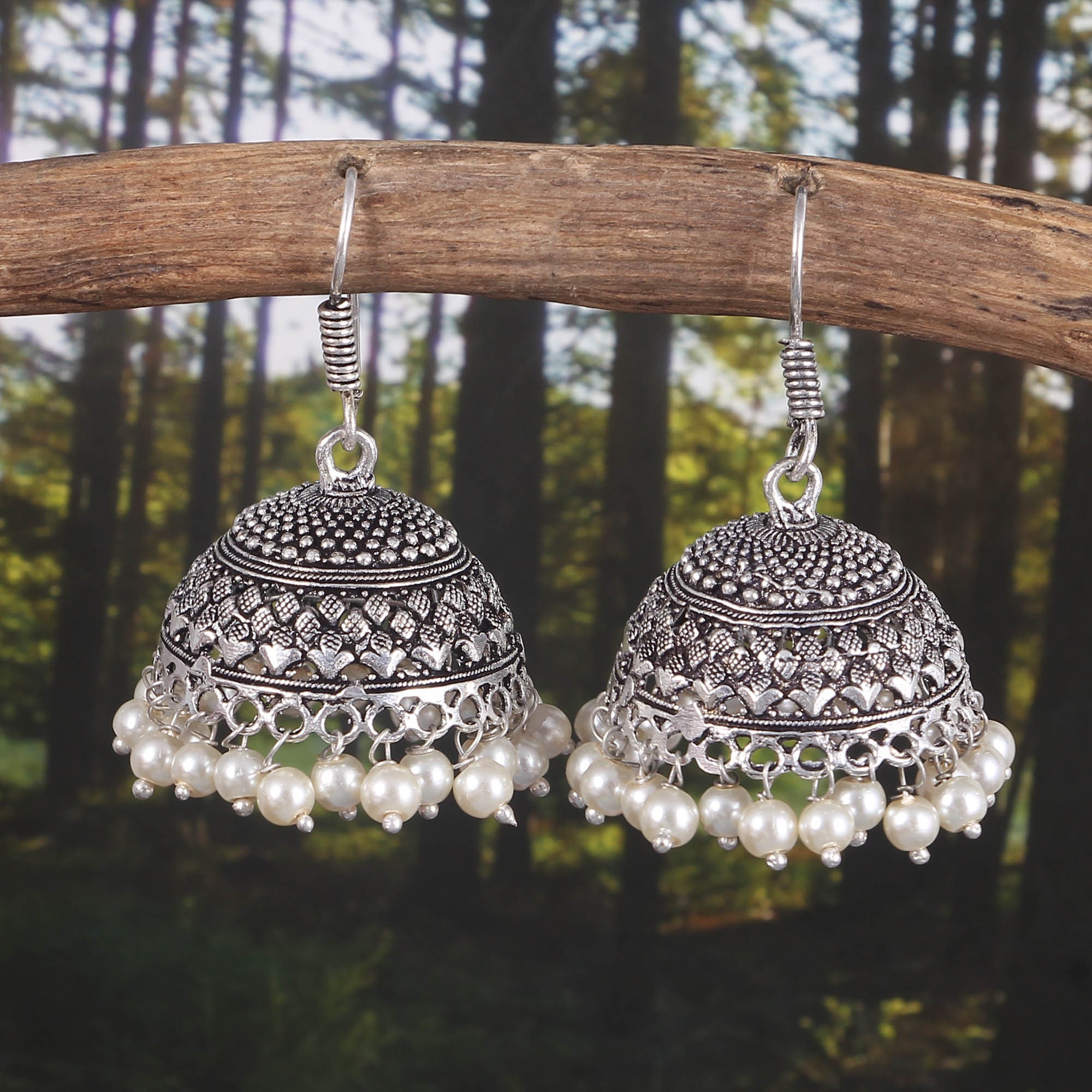 Oxidized Silver Plated White Pearl Hook Drop Jhumka Jhumki