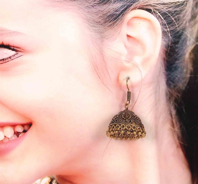 Bollywood Oxidized Gold Plated Handmade Hook Drop Light Weight Jhumka Jhumki Party Wear Earrings for women /& Girls