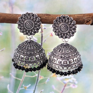 Oxidized Silver Plated Jhumka Earrings: Black Beaded Indian Jewelry