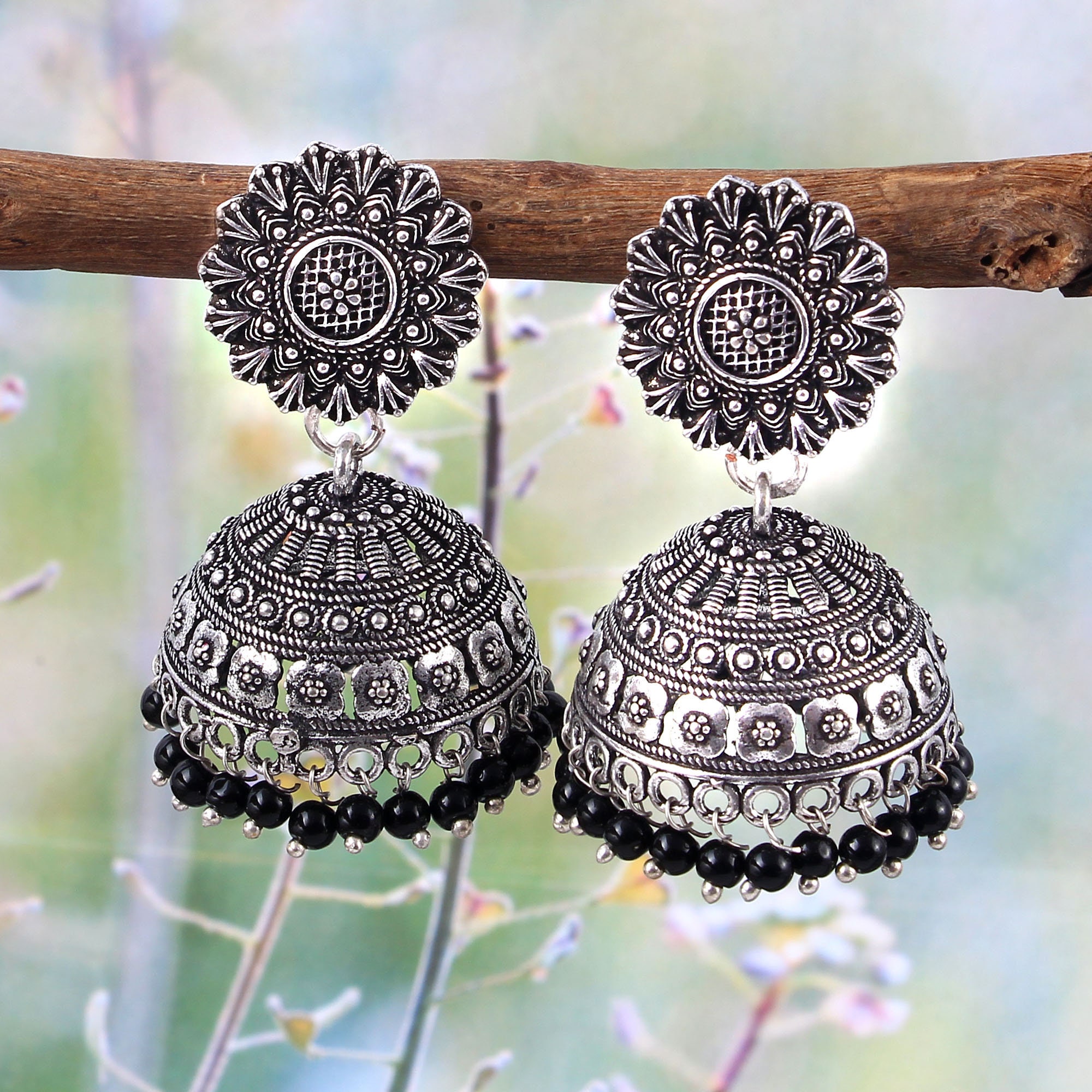 Buy Oxidized Silver Big Jhumka Jhumki Earrings, Rustic Wedding Antique  Stone Studded Bohemian Earrings, Ethnic Boho Indian Jewelry for Women USA  Online in India - Etsy