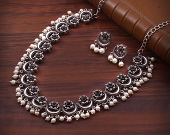 Oxidized Silver plated Wedding Party wear  Jewelry set/ Designer Luxury choker necklace with jhumka jhumki  earrings #Black