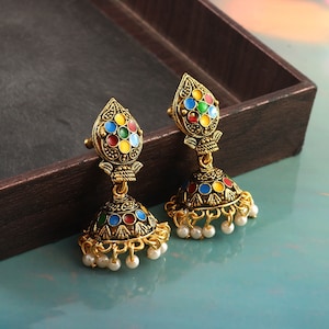 Oxidized Gold Plated Jhumka Earrings: Meenakari Pearl Jhumki Jewelry