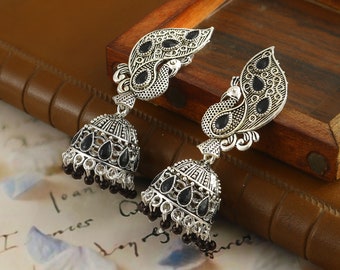 Oxidized Silver Plated Jhumka Earrings: Black Beaded Peacock Jewelry
