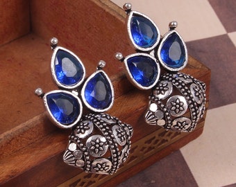 Oxidized Silver Plated Handmade Statement Party Wear Stone Studs Earrings for women & Girls