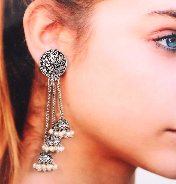 Orecchini Jhumka Bollywood Placcati In Argento Ossidato - Foto 7