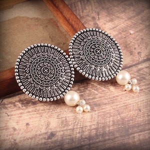 Oxidized Silver Plated  Pearl Studs Jhumka Jhumki Indian Earrings Jewelry for women