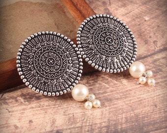 Oxidized Silver Plated  Pearl Studs Jhumka Jhumki Indian Earrings Jewelry for women