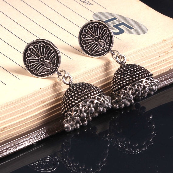 Oxidised Silver Plated Handmade Peacock Small Jhumka Jhumki