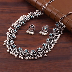 Oxidized Silver plated Wedding Party wear Jewelry set/ Designer Luxury choker necklace with jhumka jhumki earrings sky-Blue image 1