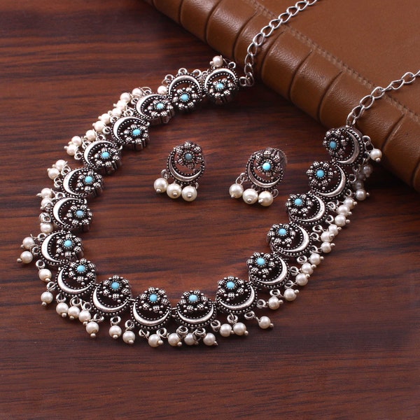 Oxidized Silver plated Wedding Party wear  Jewelry set/ Designer Luxury choker necklace with jhumka jhumki  earrings #sky-Blue