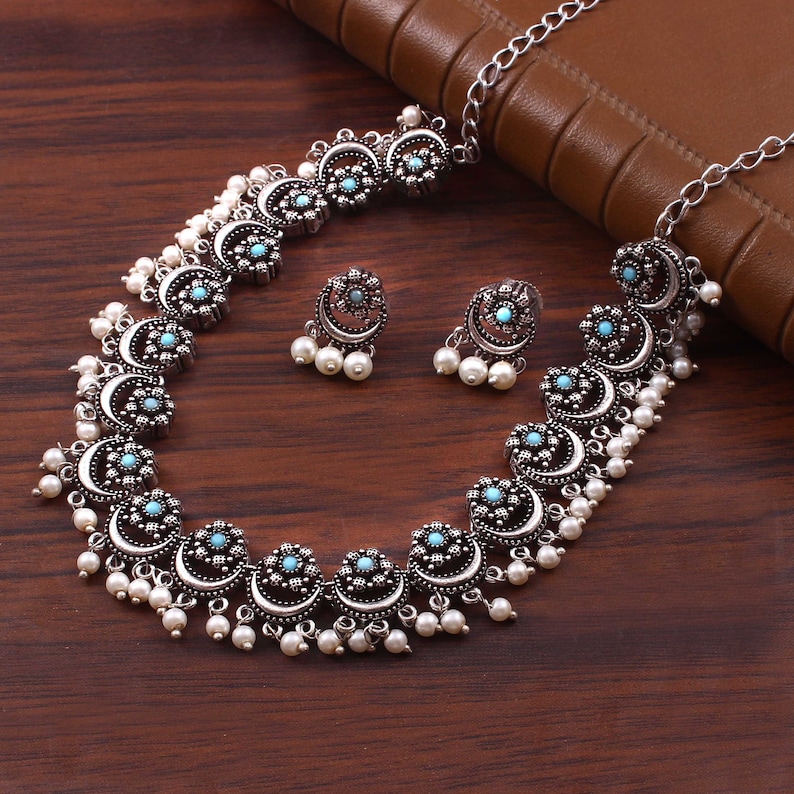 Oxidized Silver plated Wedding Party wear Jewelry set/ Designer Luxury choker necklace with jhumka jhumki earrings sky-Blue image 1