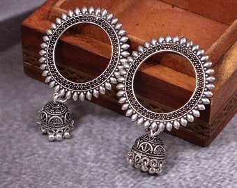 Oxidized Silver Plated Jhumki Earrings: Lightweight Party Wear