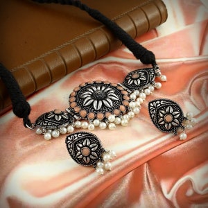 Oxidized Silver Choker Necklace Set: Indian Party Jewelry