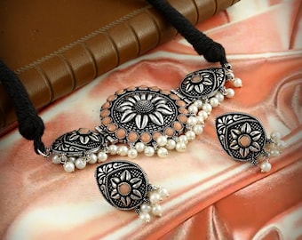 Oxidized Silver Choker Necklace Set: Indian Party Jewelry