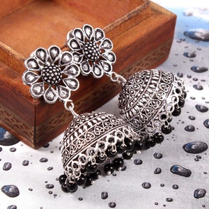 Indian Oxidized Silver Plated Light Weight Black Beaded drop Jhumka Jhumki Earrings Jewelry women