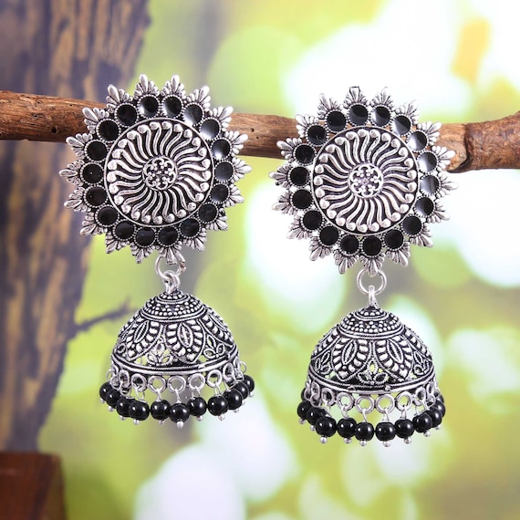 Oxidized Silver Plated Handmade Meenakari Black Jhumka Jhumki