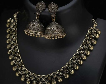 Oxidized Gold Plated  Jewellery set/ Party wear Jewely set/ Oxidized choker necklace earrings jhumka jhumki women