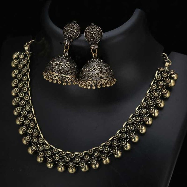 Oxidized Gold Plated  Jewellery set/ Party wear Jewely set/ Oxidized choker necklace earrings jhumka jhumki women